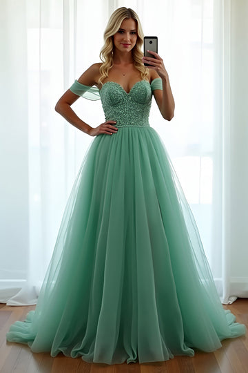 Green Off The Shoulder A Line Long Formal Dress with Lace